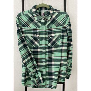 Stio Women’s Large Cotton Flannel Green Black White Plaid Long Sleeve Shirt Blou